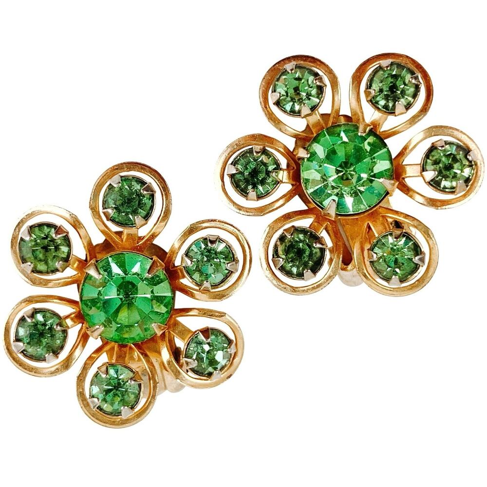 VTG Mid Century Uranium Glass Earrings Green Rhinestone Floral Clip On